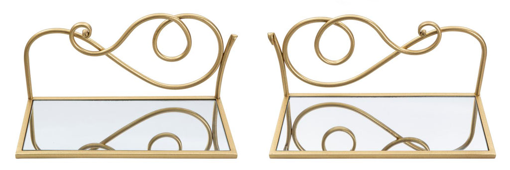 Coppia di Comodini Mensola in Metallo Dorato e Vetro Specchiato cm 41,5x18x20,5