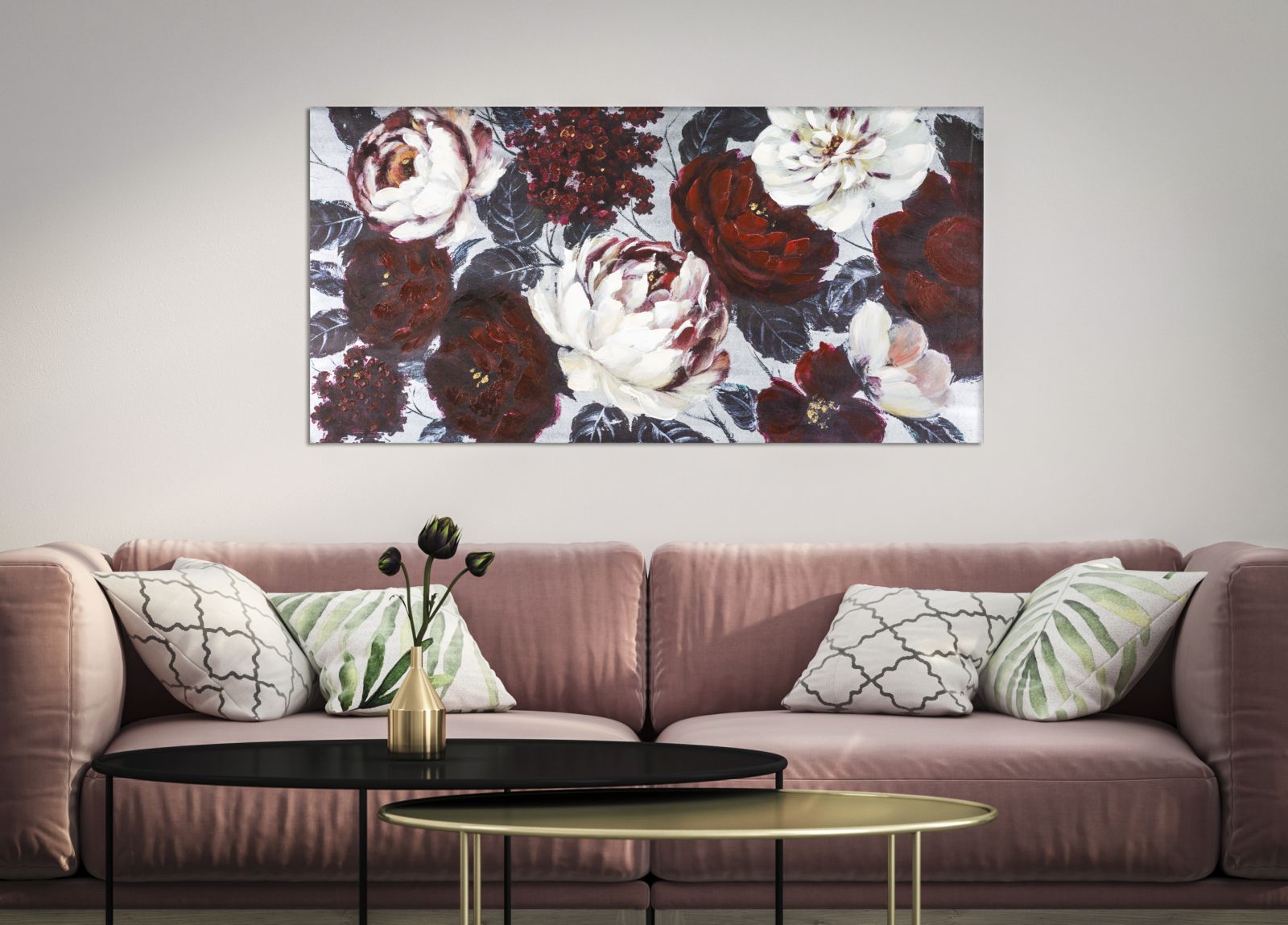 Dipinto su Tela: Fiore Rosso e Bianco su Sfondo Nero - 120x3,7x60 cm