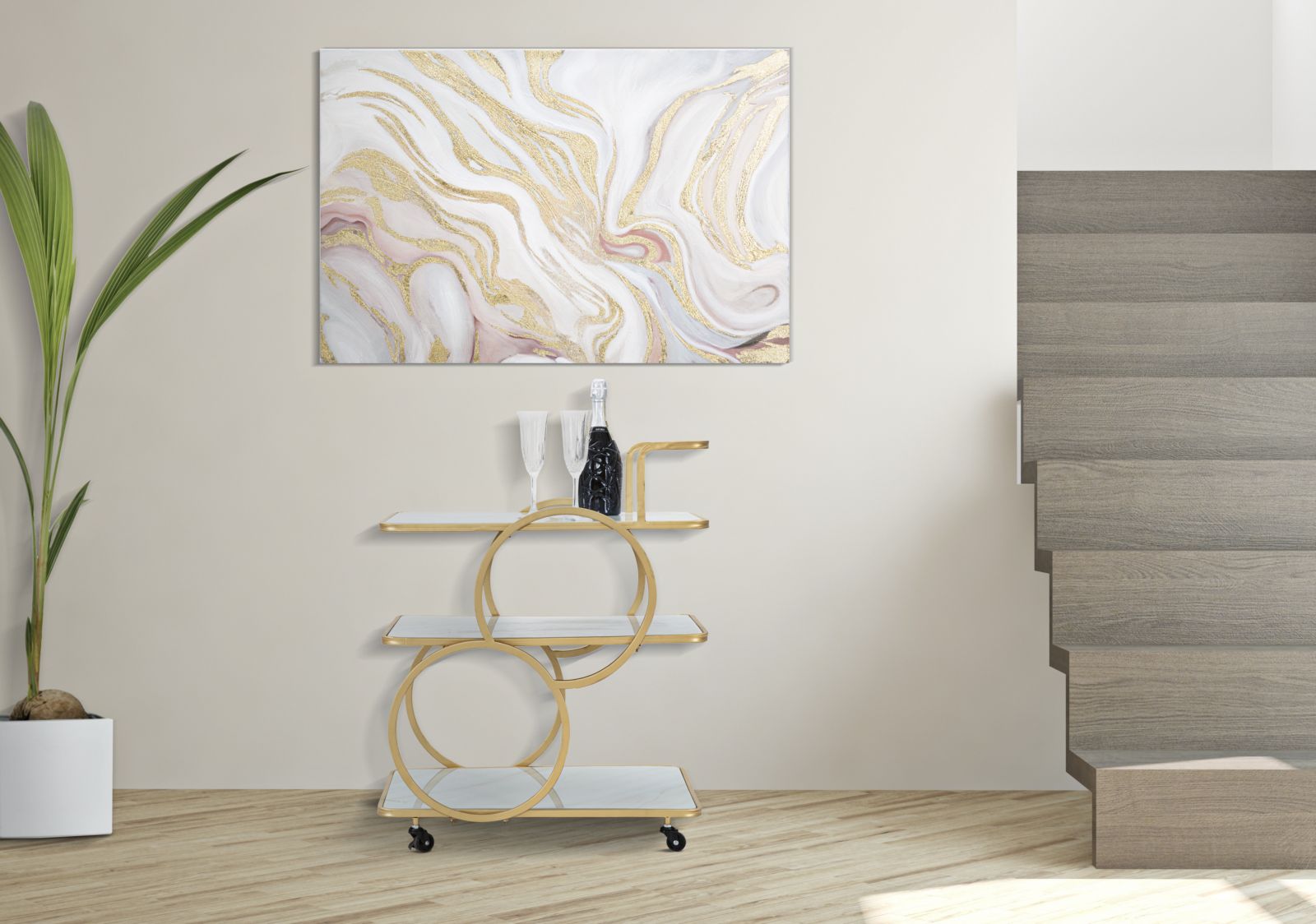 Carrello Elegante in Vetro Simil Marmo 64x46x79 cm