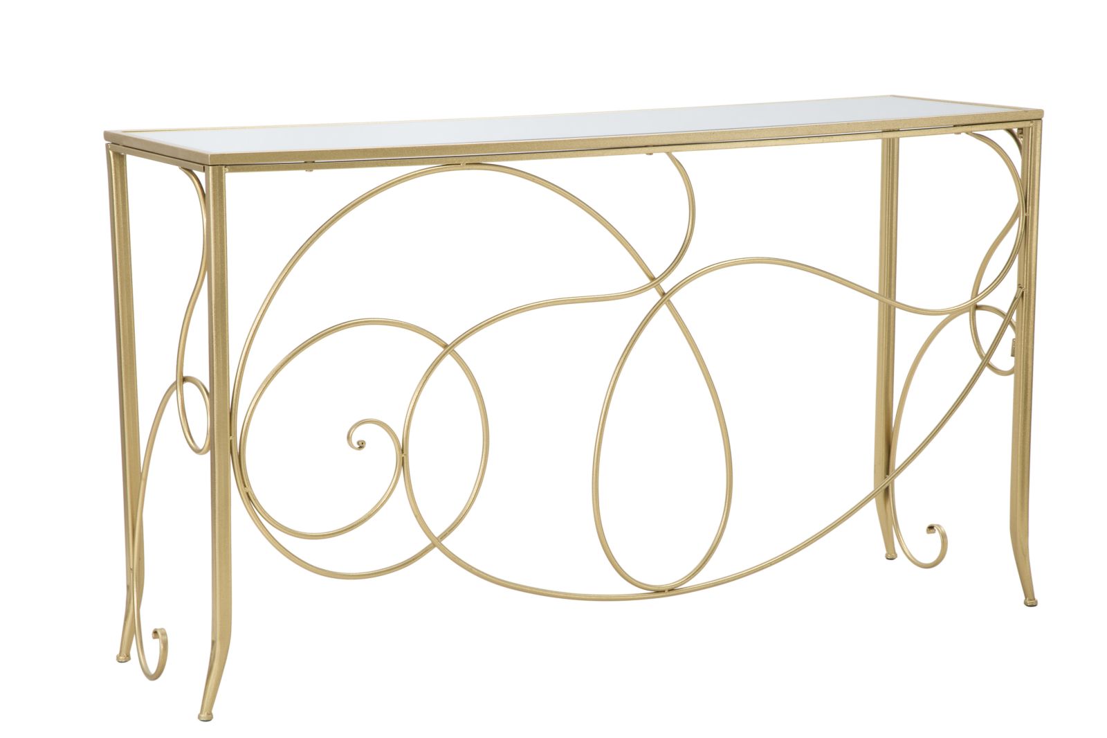Console Elegante in Metallo Dorato con Piano in Vetro a Specchio 140x40x80