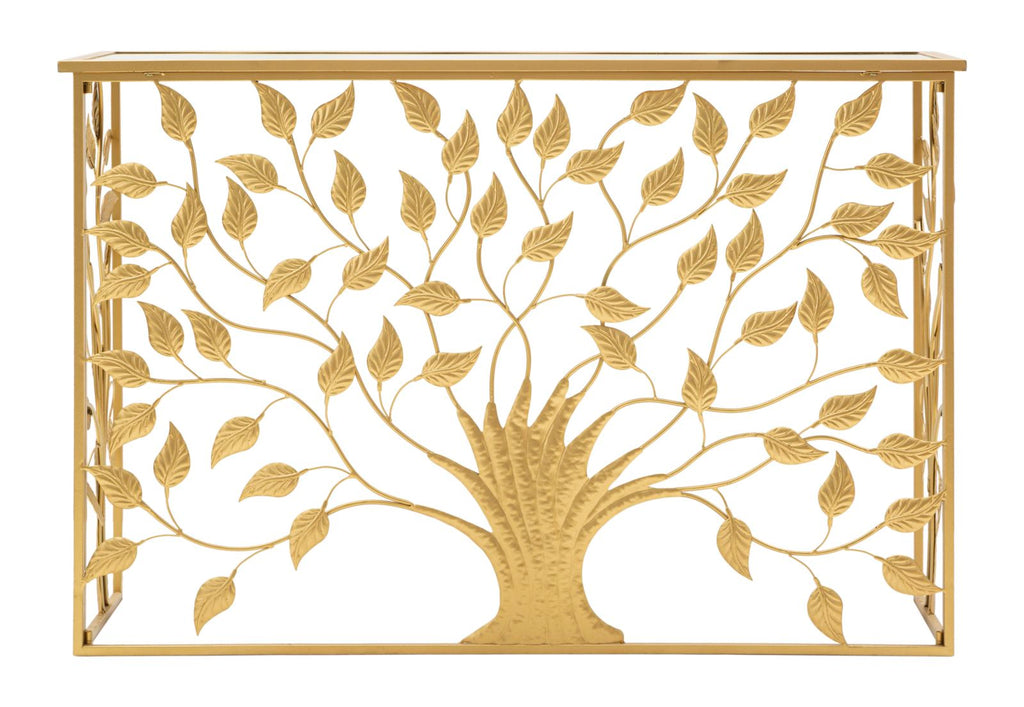 Console Elegante in Metallo Dorato con Piano in Vetro Specchiato 120x40x80 cm