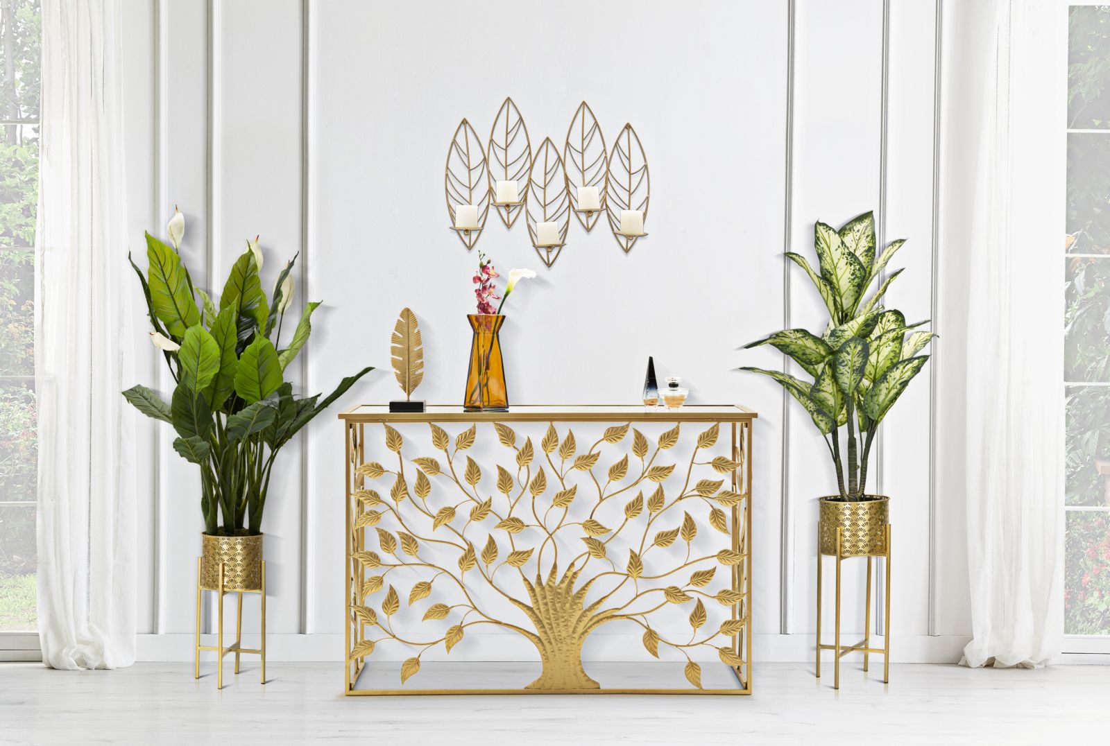 Console Elegante in Metallo Dorato con Piano in Vetro Specchiato 120x40x80 cm