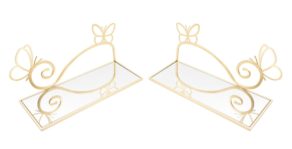 Mensole Butterfly in Metallo Dorato con Ripiano in Vetro a Specchio - Coppia Elegante cm 41,5x18x21