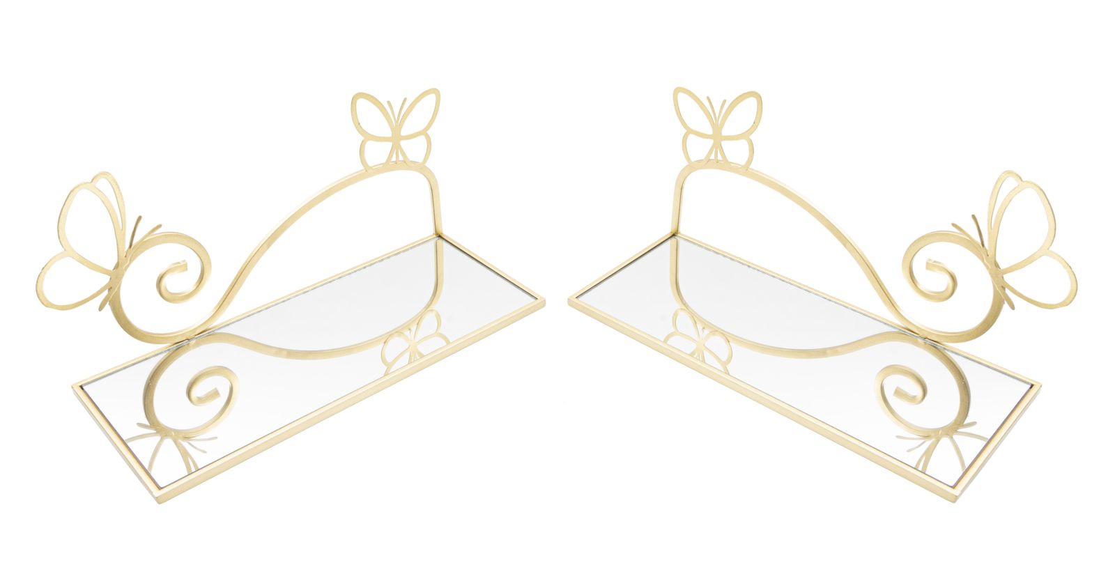 Mensole Butterfly in Metallo Dorato con Ripiano in Vetro a Specchio - Coppia Elegante cm 41,5x18x21