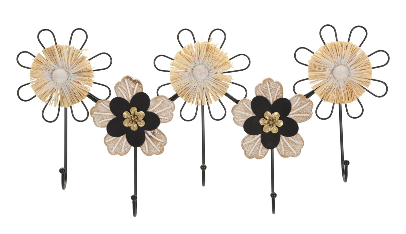 Appendiabiti da Parete in Legno e Raffia con Design Florale cm 61x5,5x30,5