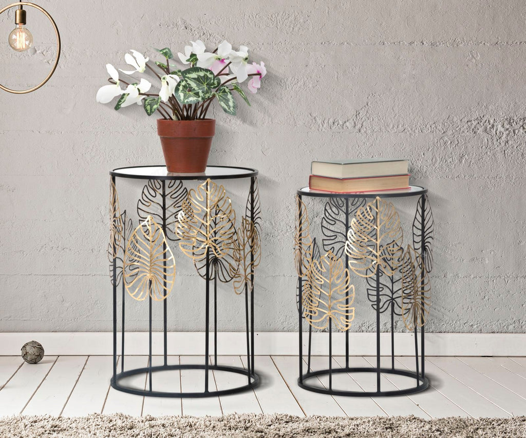 Tavolini Glam con Foglie Eleganti - Set di 2 cm ø 38x55-33x50