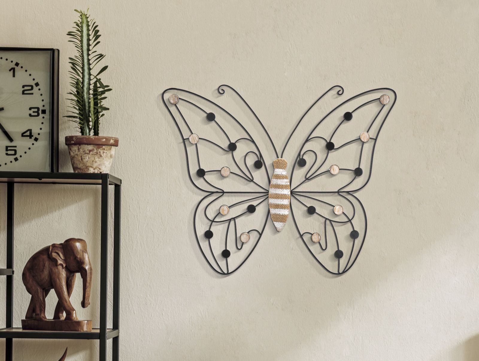 Pannello Decorativo in Ferro e Legno a Forma di Farfalla 39,5x1,5x33,5 cm