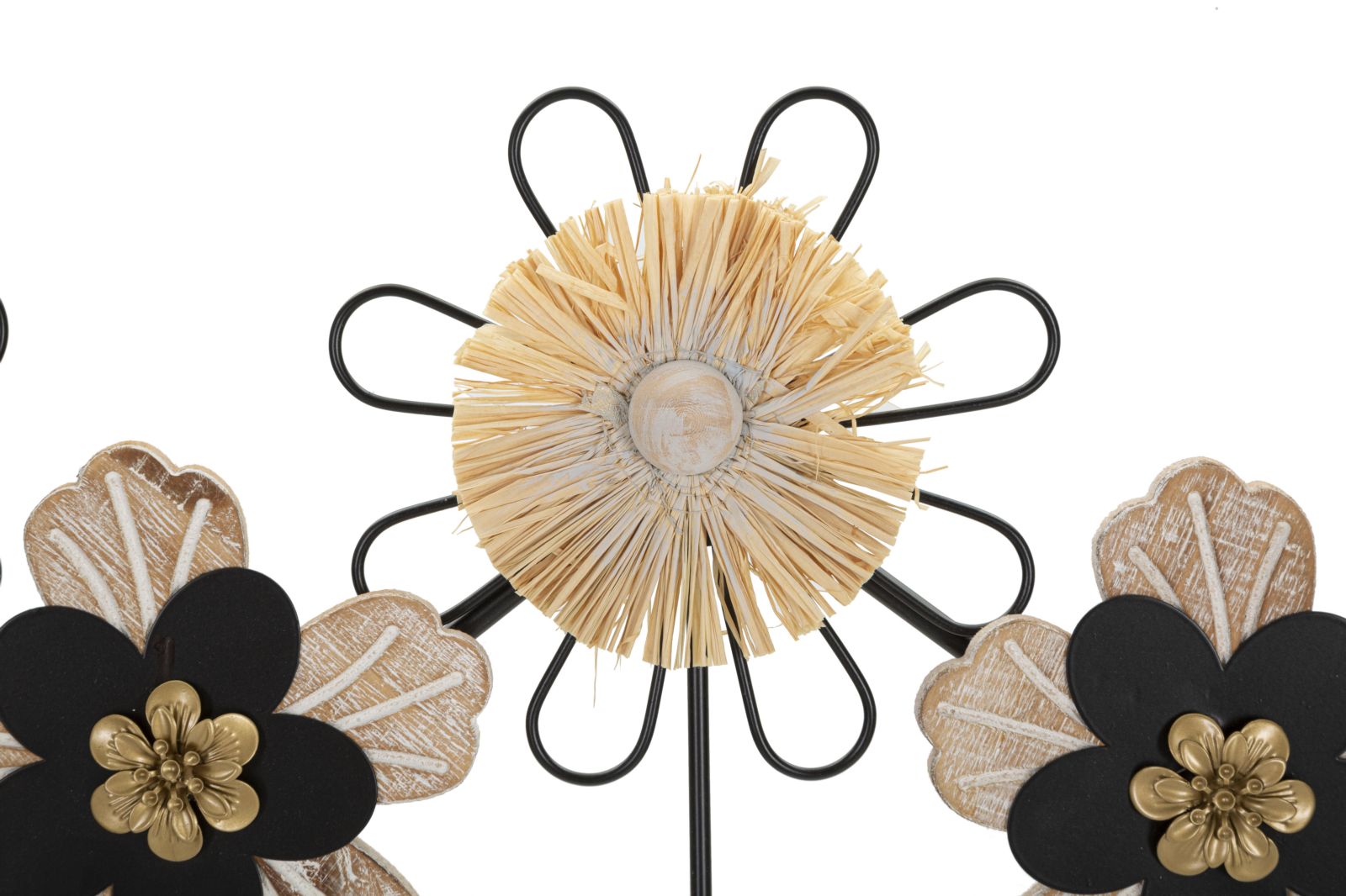 Appendiabiti da Parete in Legno e Raffia con Design Florale cm 61x5,5x30,5