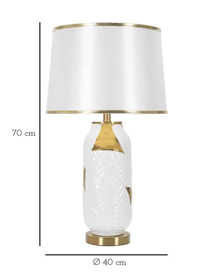 Lampada da tavolo in ceramica elegante con paralume bianco e dorato cm ø 40x70