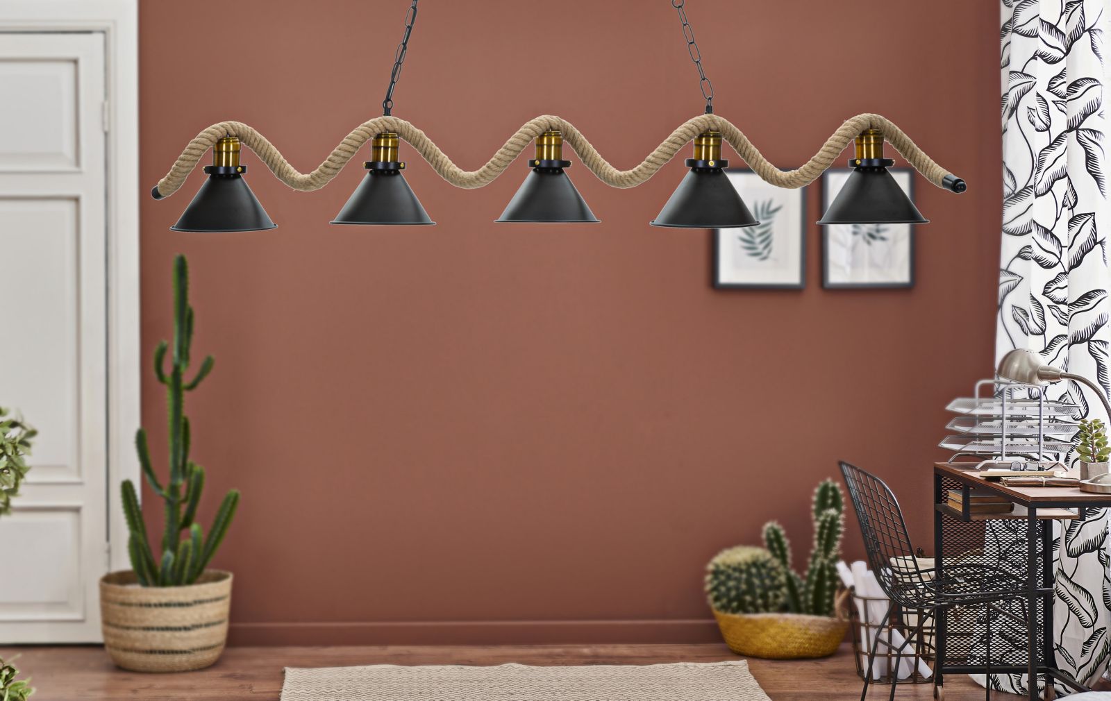 Lampadario Moderno Cup/Rope con 5 Luci 130x20x80 cm