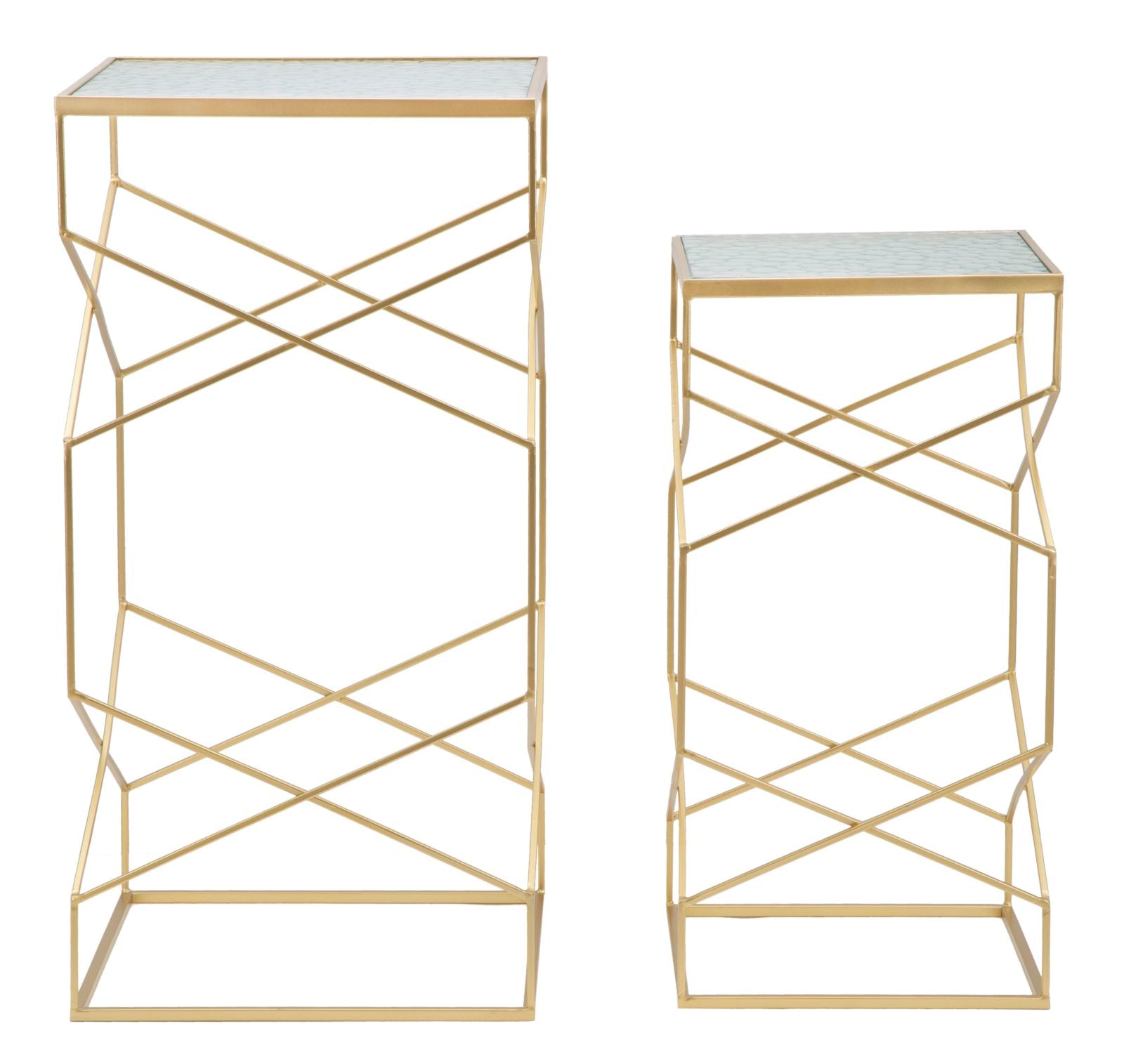 Coppia di tavolini porta telefono in vetro con struttura dorata - Dimensioni 50x50x100 cm e 40x40x80 cm