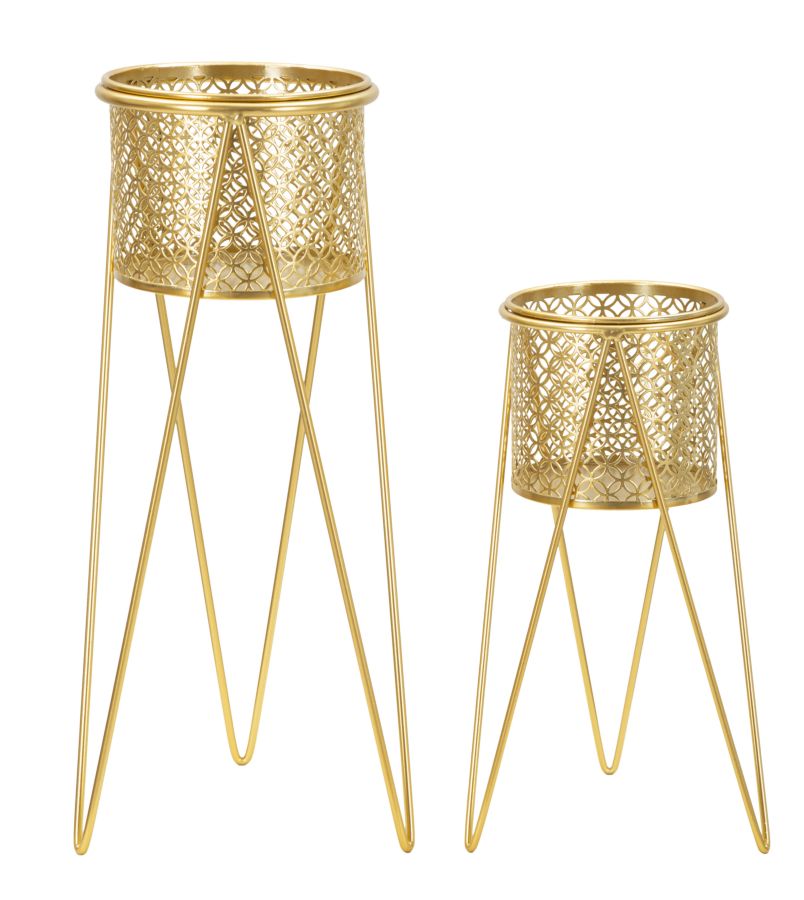 Coppia di Vasi Eleganti in Metallo con Supporto Dorato cm 21x20x46 e 18x18x32