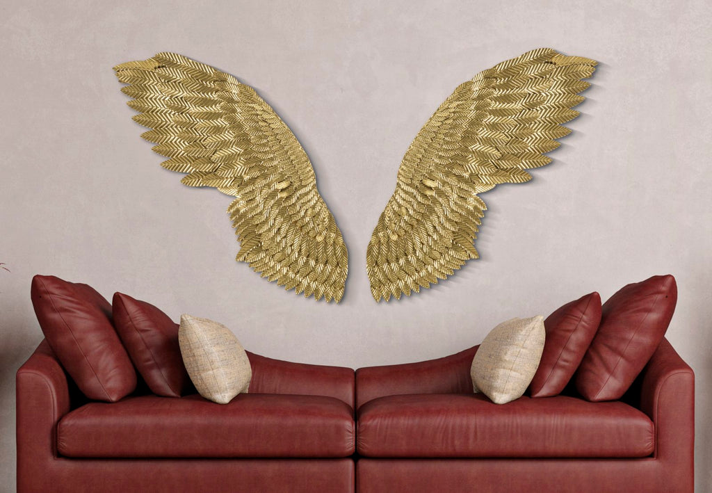 Coppia di Pannelli Decorativi Ali in Metallo Dorato 60x8x146 cm