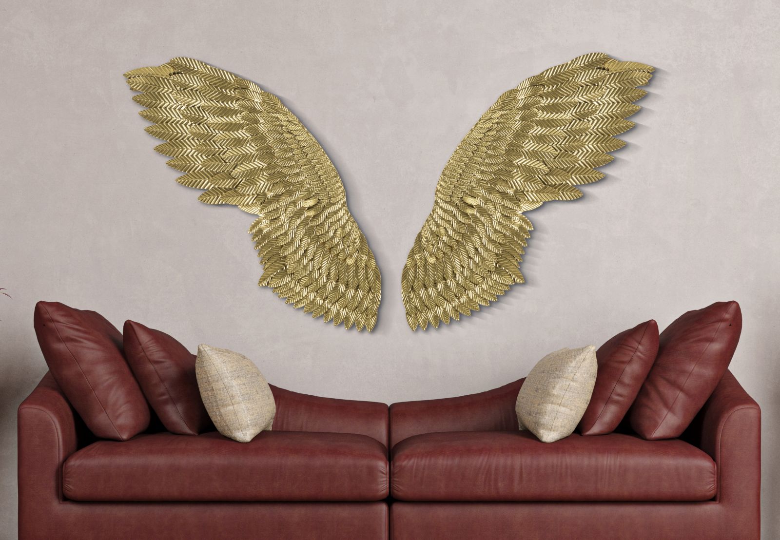 Coppia di Pannelli Decorativi Ali in Metallo Dorato 60x8x146 cm