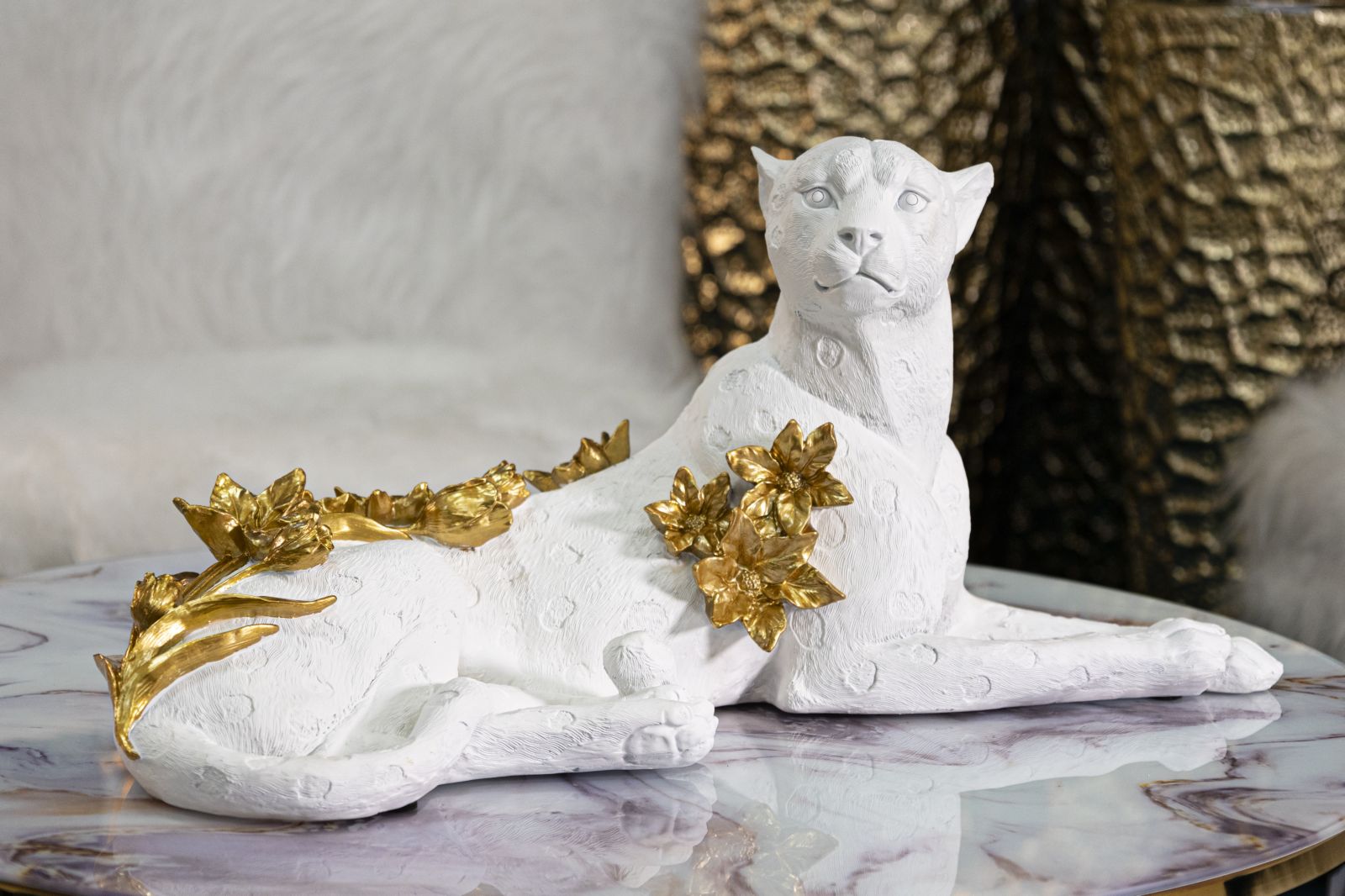 Leopardo Elegante Bianco e Oro 53x21,5x24 cm