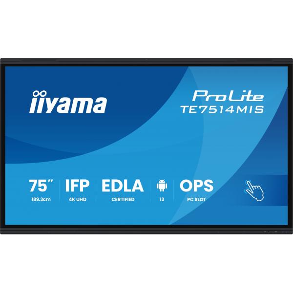 iiyama PROLITE TE7514MIS-B2AG Pannello piatto per segnaletica digitale 190,5 cm (75") LCD Wi-Fi 435 cd/m 4K Ultra HD Nero Touch screen Processore integrato Android 24/7 [TE7514MIS-B2AG]