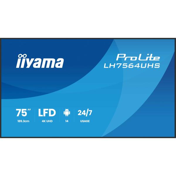 iiyama LH7564UHS-B1AG visualizzatore di messaggi Pannello piatto per segnaletica digitale 190,5 cm (75") Wi-Fi 500 cd/m 4K Ultra HD Nero Android 24/7 [LH7564UHS-B1AG]