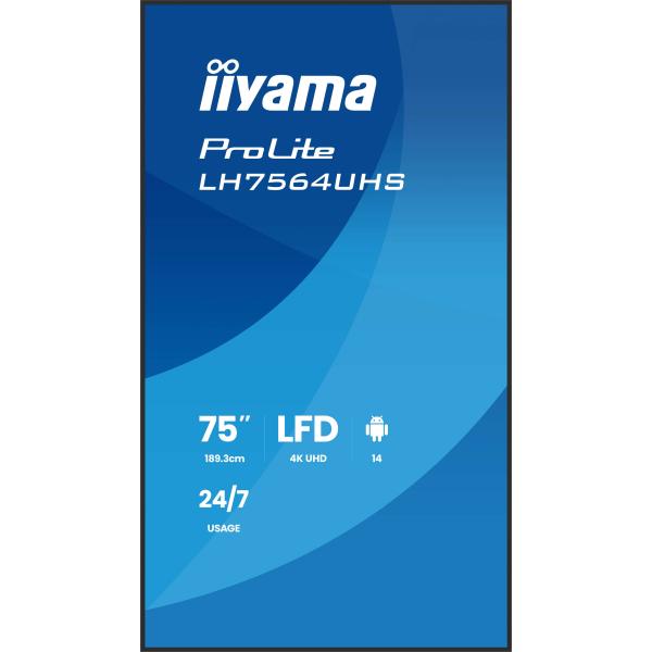 iiyama LH7564UHS-B1AG visualizzatore di messaggi Pannello piatto per segnaletica digitale 190,5 cm (75") Wi-Fi 500 cd/m 4K Ultra HD Nero Android 24/7 [LH7564UHS-B1AG]