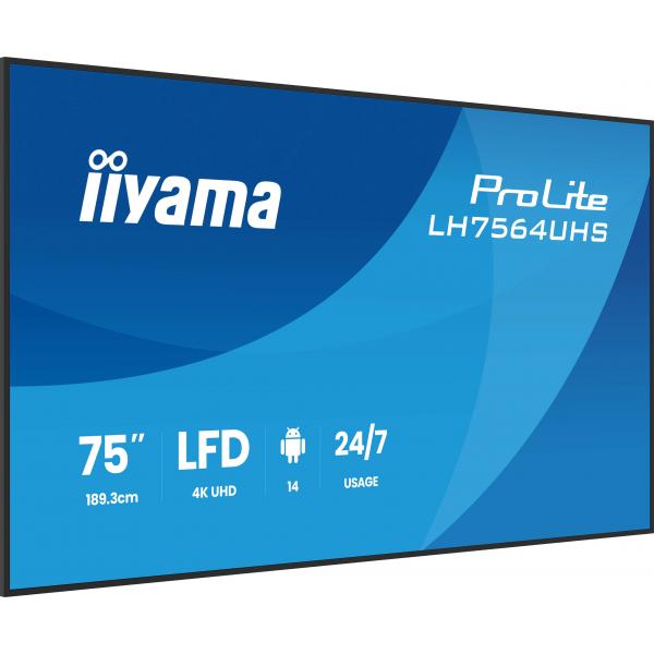 iiyama LH7564UHS-B1AG visualizzatore di messaggi Pannello piatto per segnaletica digitale 190,5 cm (75") Wi-Fi 500 cd/m 4K Ultra HD Nero Android 24/7 [LH7564UHS-B1AG]