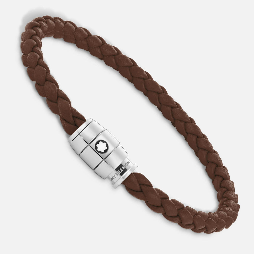 Montblanc bracciale in acciaio a 3 anelli e pelle Meisterstück Marrone Fulvo misura S 13600060