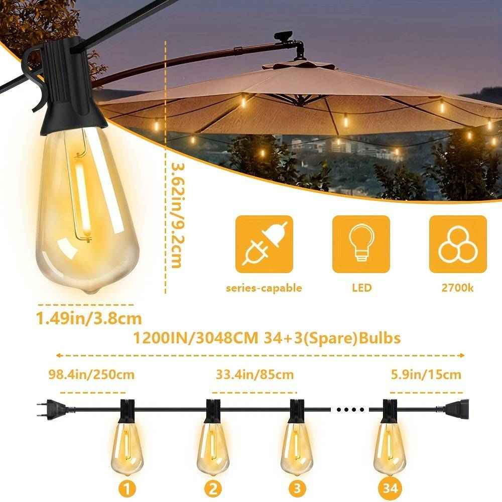 Catena Luminosa LED ST38 30,5 m – Lampadine Edison Dimmerabili Infrangibili per Esterni