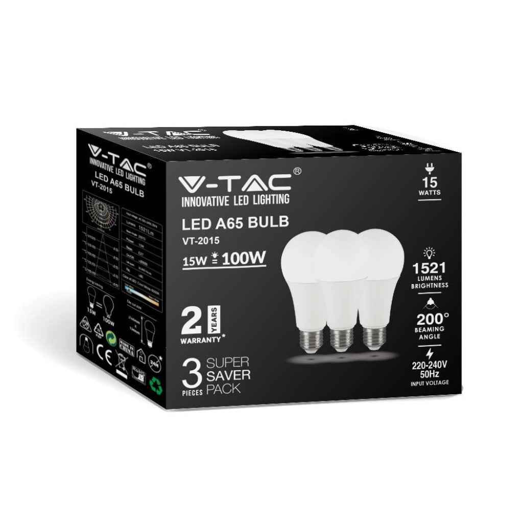 V-Tac Set 3 Lampadine LED E27 15W A65 6500K Luce Fredda
