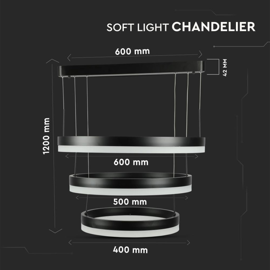 Lampadario LED Sospensione 3 Cerchi 86W Nero 3000K – V-TAC