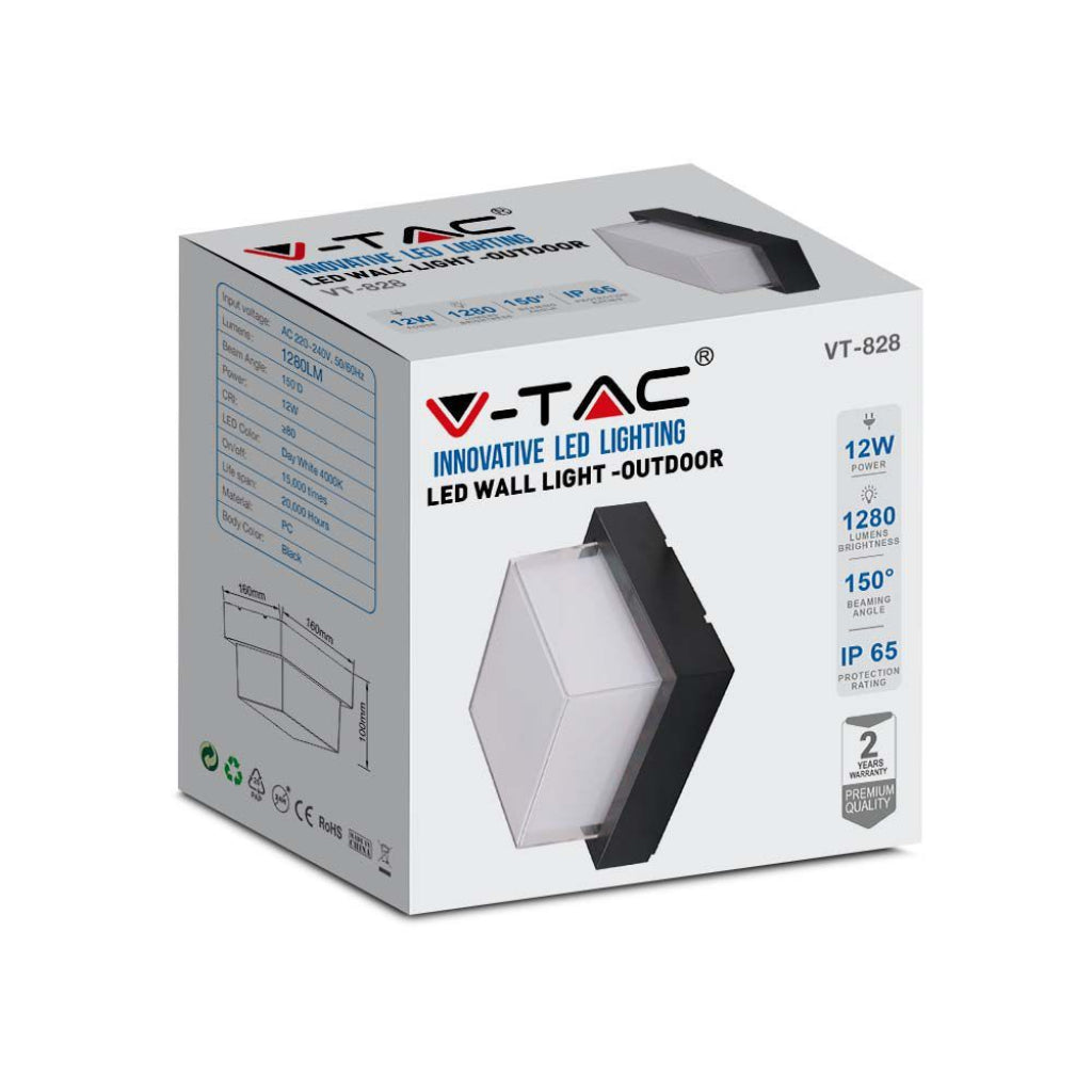 Lampada LED Muro Quadrata 12W 3000K IP65 Nera V-TAC