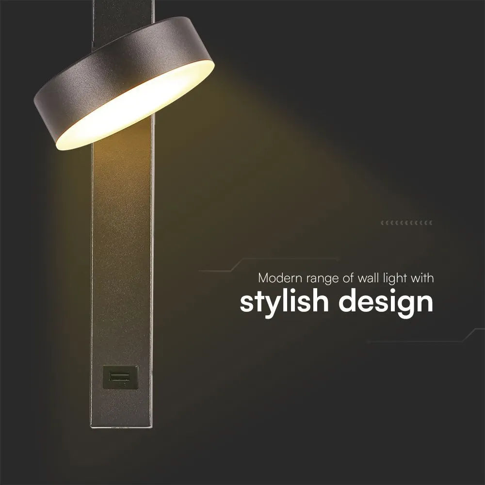 Applique LED V‑TAC 8 W USB 3000 K – Design Rotondo Nero