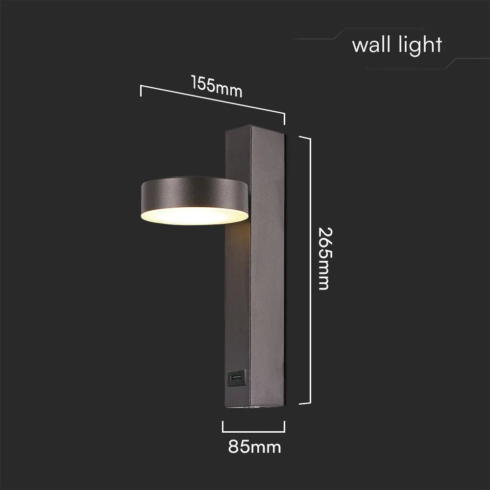 Applique LED V‑TAC 8 W USB 3000 K – Design Rotondo Nero