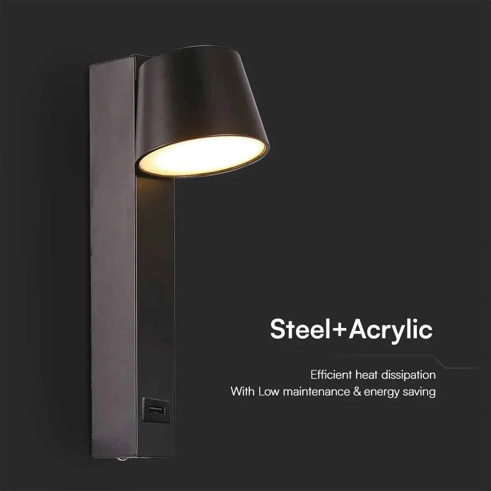 Applique LED V‑TAC 8 W USB 3000 K Regolabile – Metallo Nero