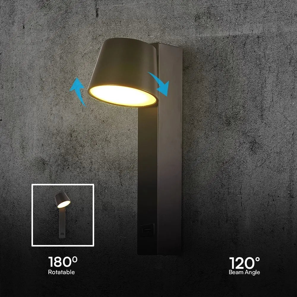 Applique LED V‑TAC 8 W USB 3000 K Regolabile – Metallo Nero