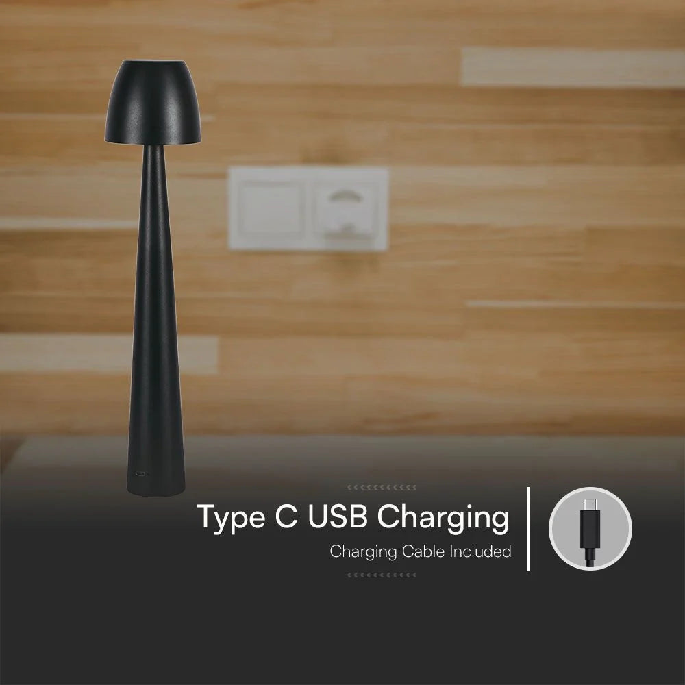 Lampada LED Tavolo 3W CCT Touch Ricaricabile USB-C Nera V-TAC