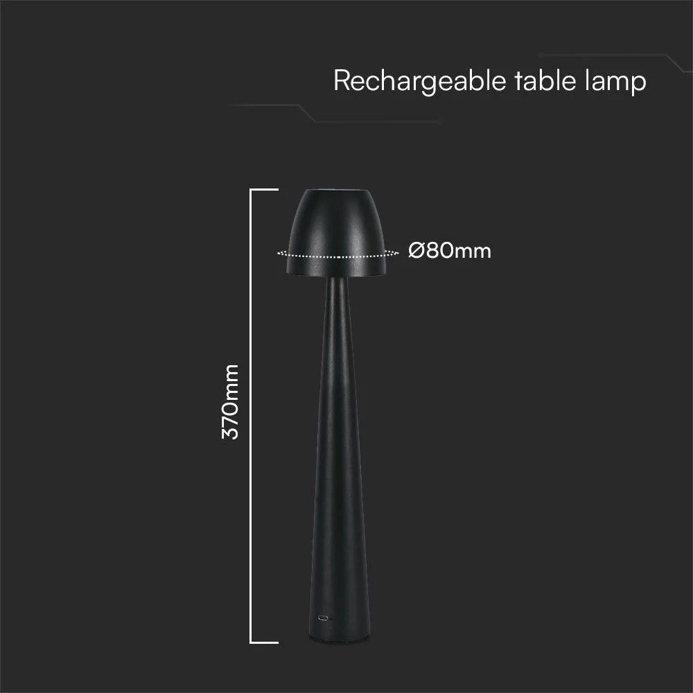 Lampada LED Tavolo 3W CCT Touch Ricaricabile USB-C Nera V-TAC