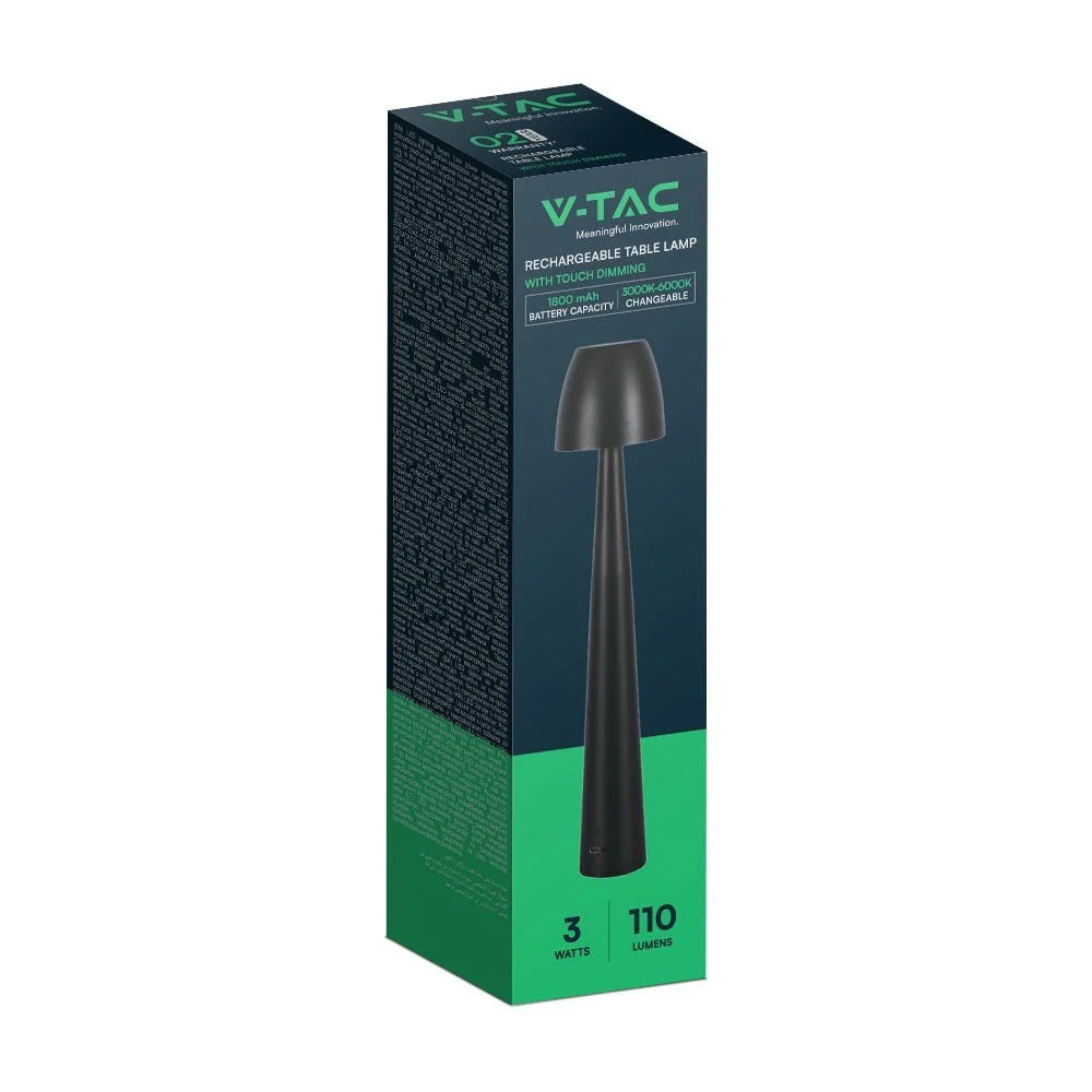 Lampada LED Tavolo 3W CCT Touch Ricaricabile USB-C Nera V-TAC