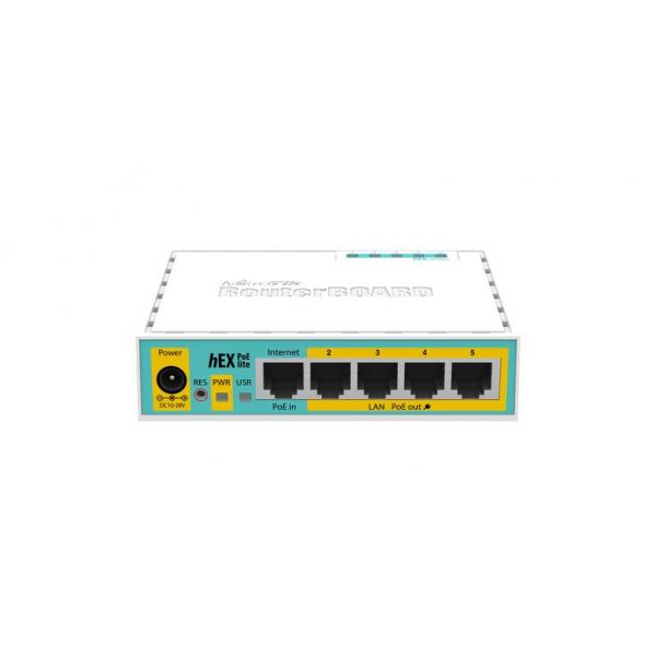 MikroTik, hEX PoE lite, RouterBOARD hEX PoE lite with 650MHz CPU,USB, 64MB RAM, 5xLAN (four with PoE out), OS lev.4 [RB750UPr2]