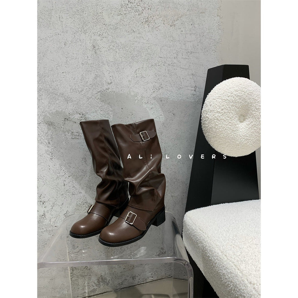 Stivali da donna in stile americano con piega e pelo