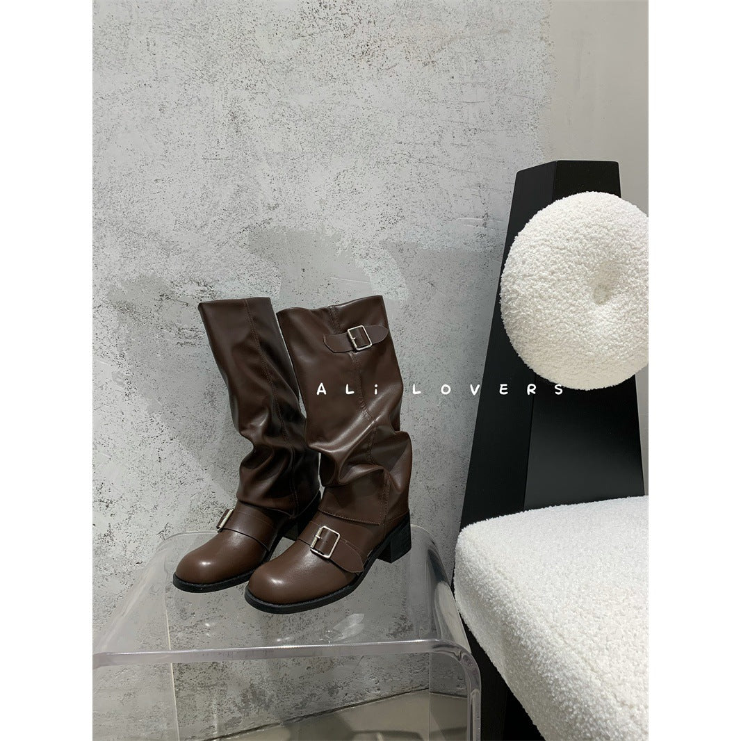 Stivali da donna in stile americano con piega e pelo