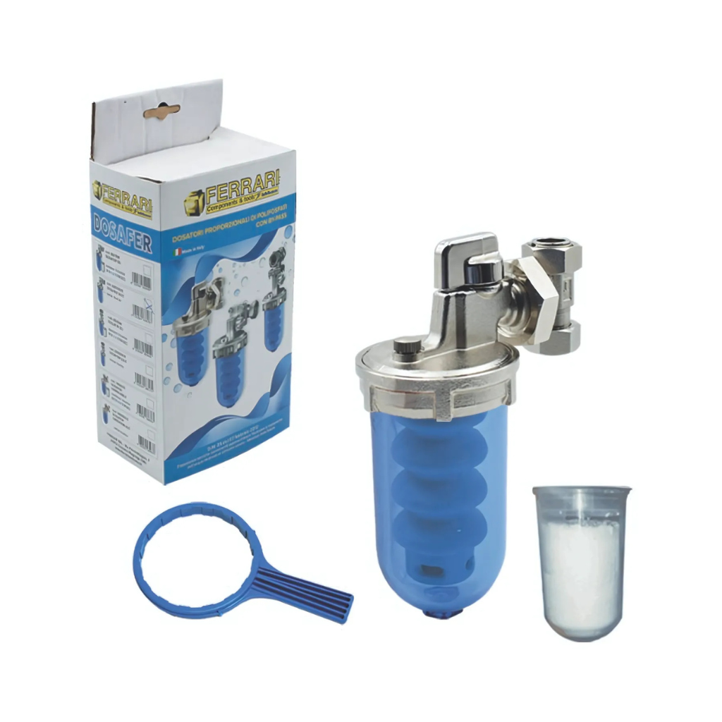DOSATORE PROPORZIONALE DI POLIFOSFATI IN POLVERE CON BY-PASS FERRARI DOSAFER  1/2"
