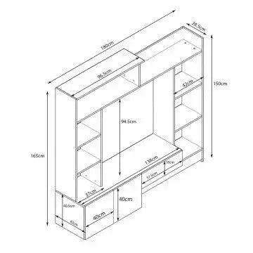 Parete Soggiorno Entry Antracite e Olmo, Dimensioni: cm 180 x 28/40 x 165 h