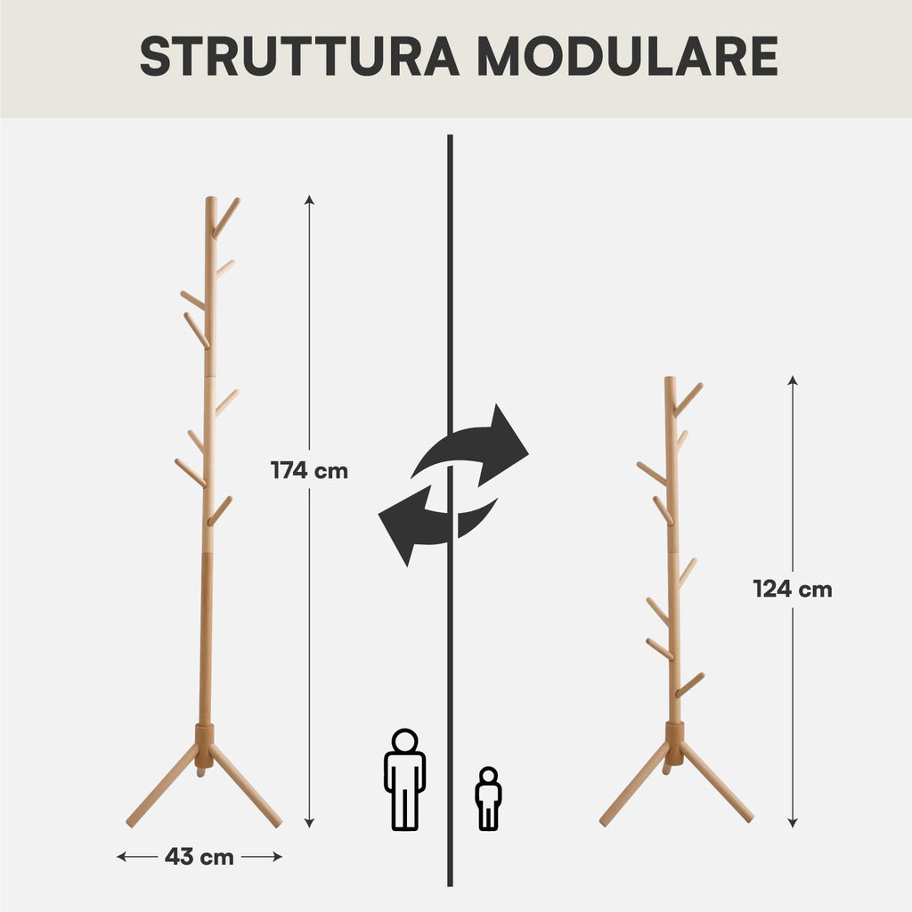 Appendiabiti in legno naturale, 8 ganci, modulare, 174 cm
