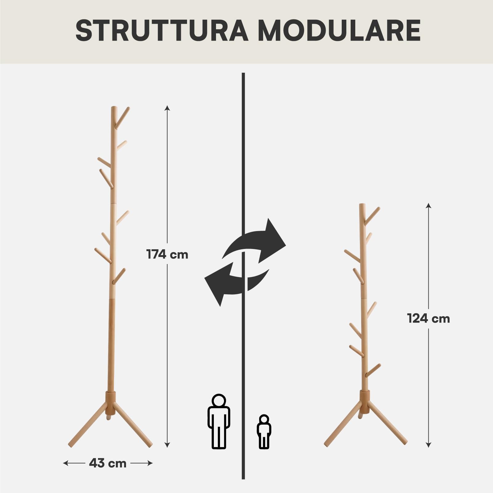 Appendiabiti in legno naturale, 8 ganci, modulare, 174 cm
