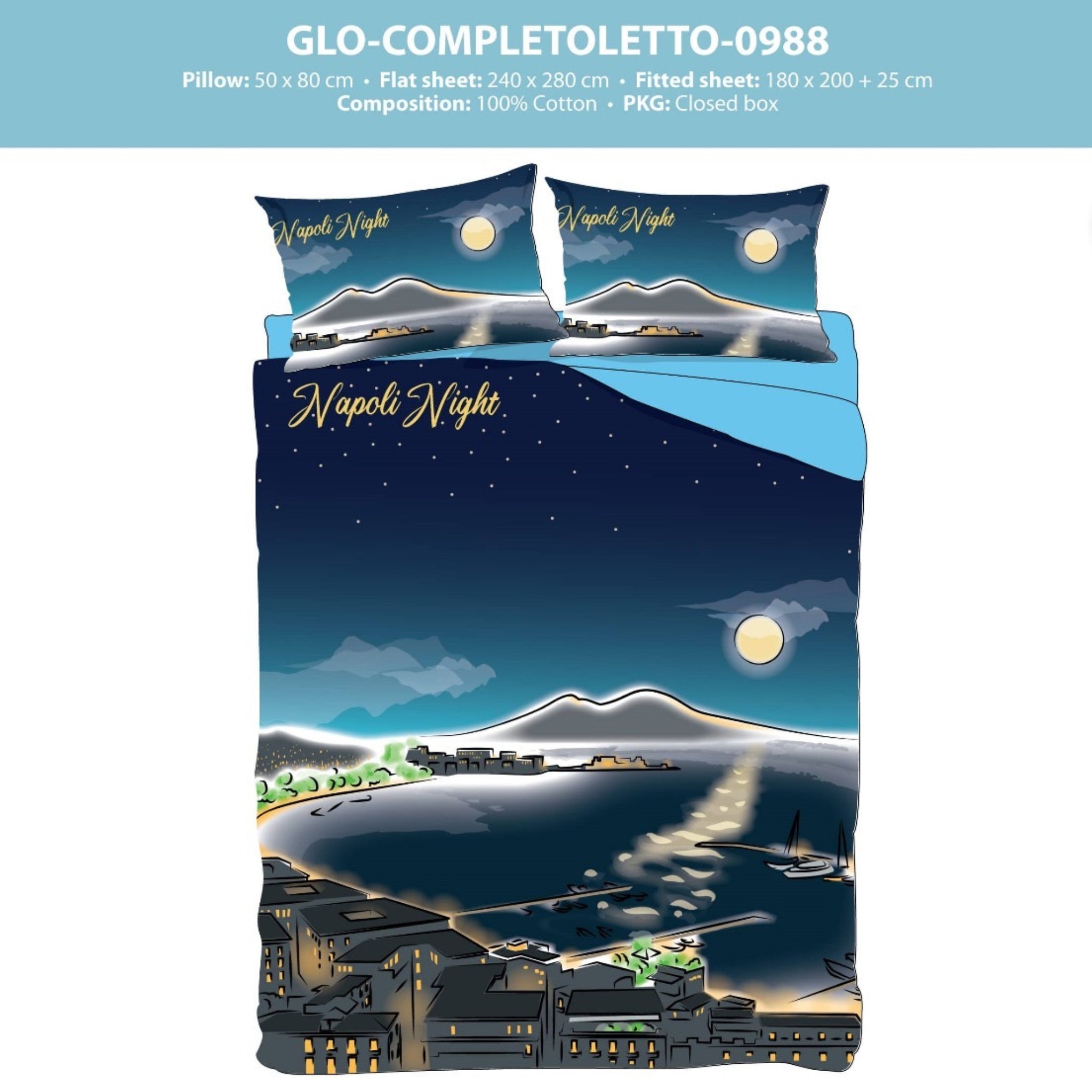 Completo Lenzuola 2 Posti Con Stampa (napoli Notte-giorno) Abbinabile Con Trapunta  Art. Glonap1027