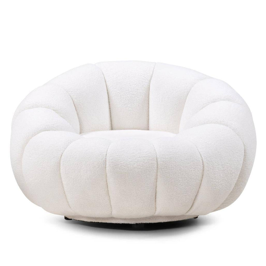 Poltrona girevole LOEL bianca, bouclé, forme arrotondate