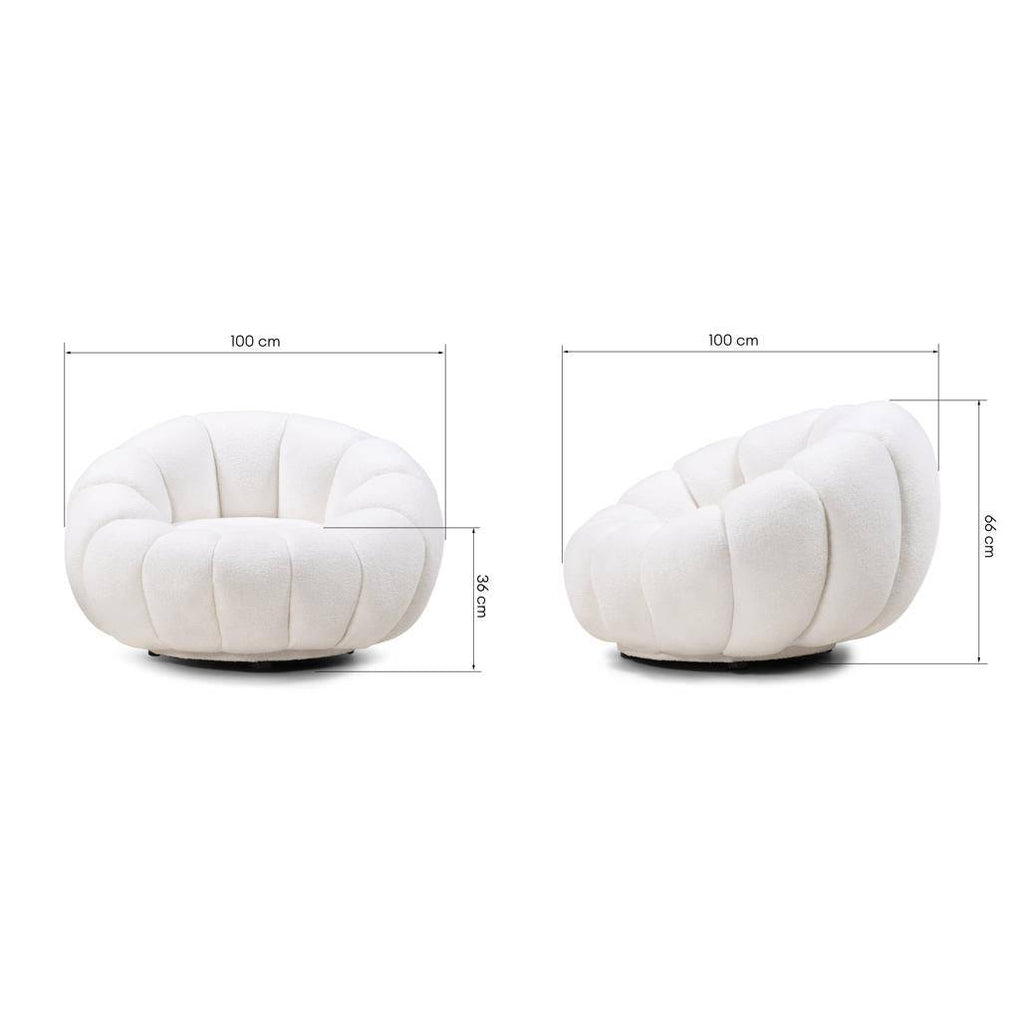 Poltrona girevole LOEL bianca, bouclé, forme arrotondate