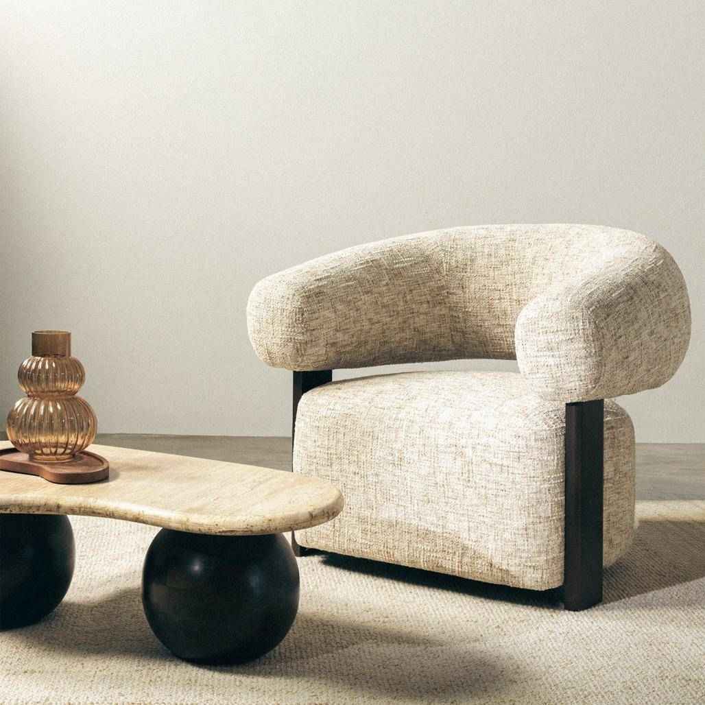 Poltrona MONIQUE, Beige Grigio/Noce, Forme Arrotondate