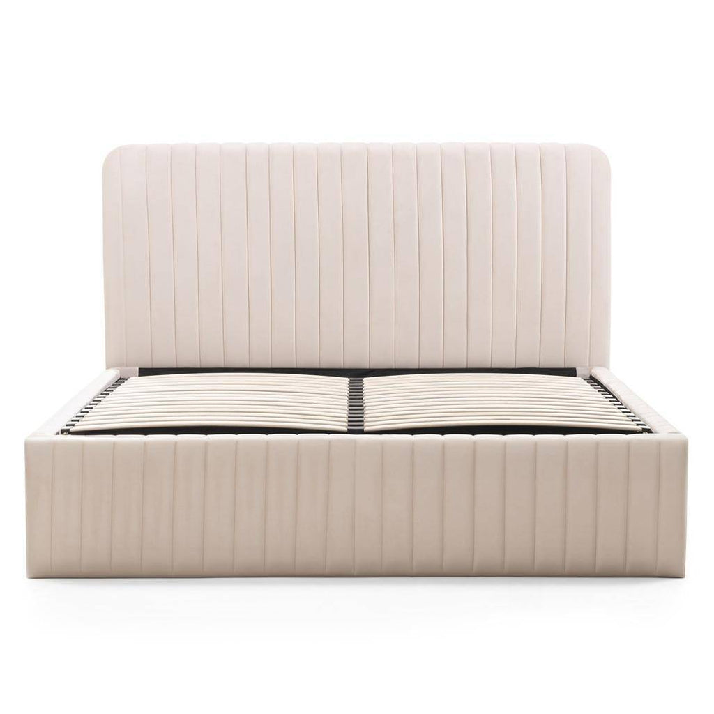 Letto imbottito 160x200 cm ANDRE, velluto beige, con contenitore