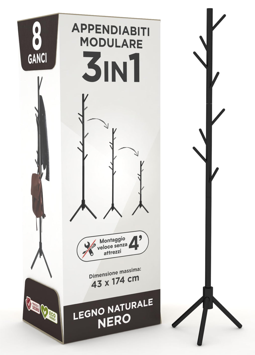 Appendiabiti in legno naturale, 8 ganci, modulare, 174 cm