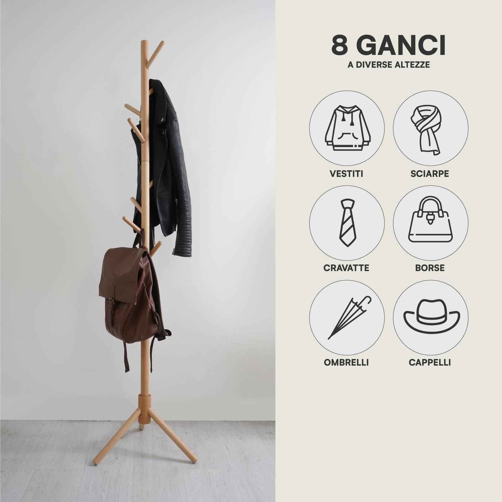 Appendiabiti in legno naturale, 8 ganci, modulare, 174 cm