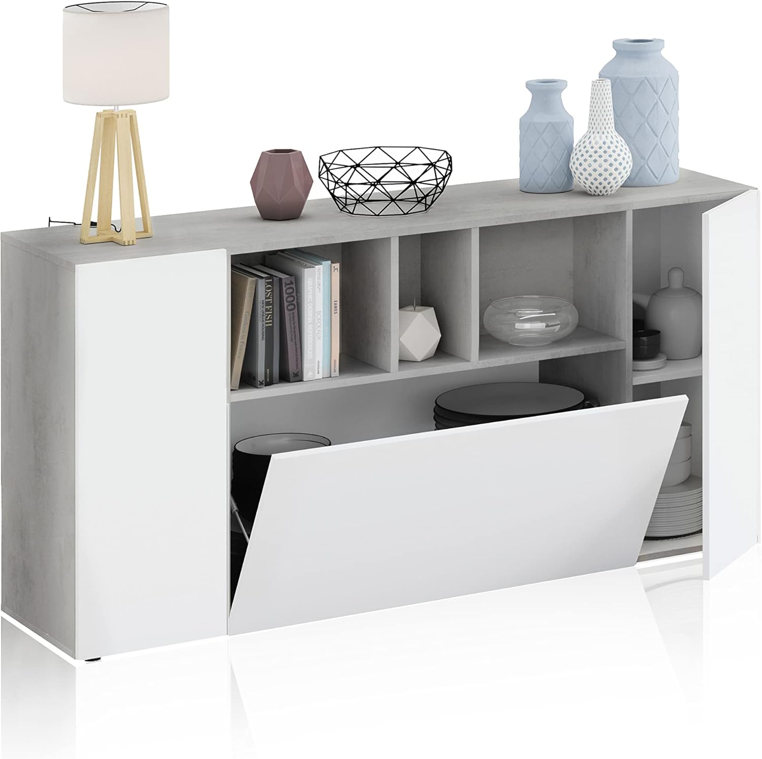 Credenza moderna Royla bianca e cemento – Stile nordico 150 cm